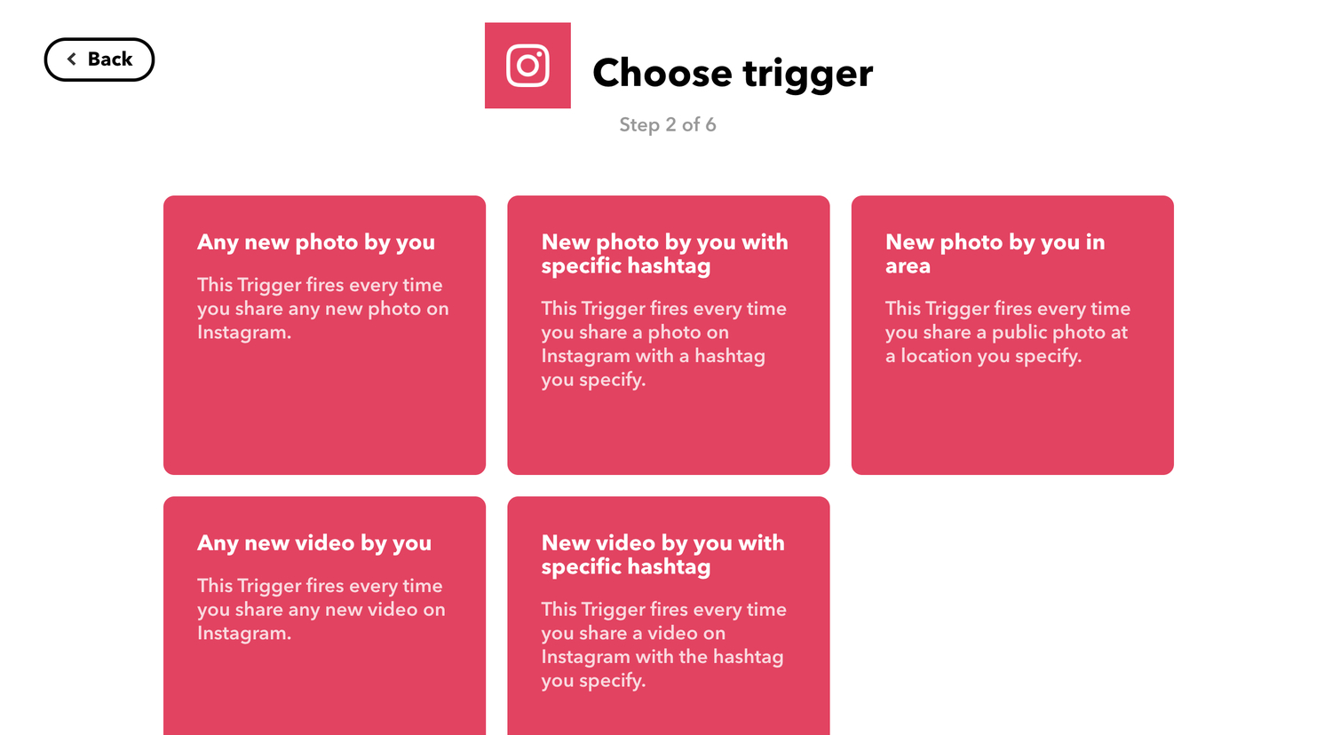 a screenshot of the "choose trigger" screen shown when building your own applet with IFTTT