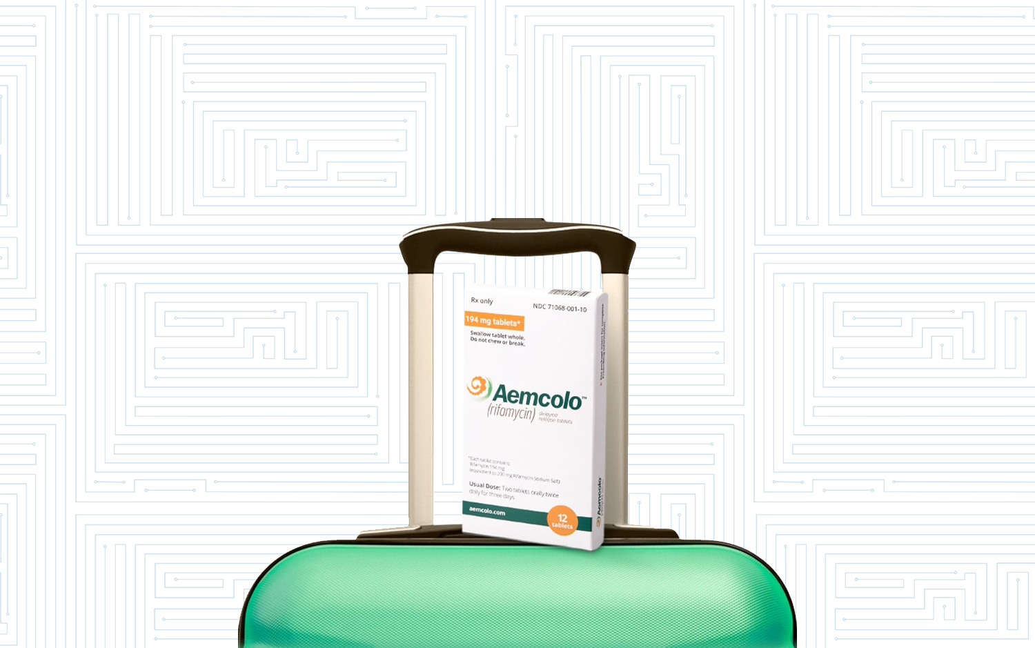 Aemcolo medicine on a green suitcase