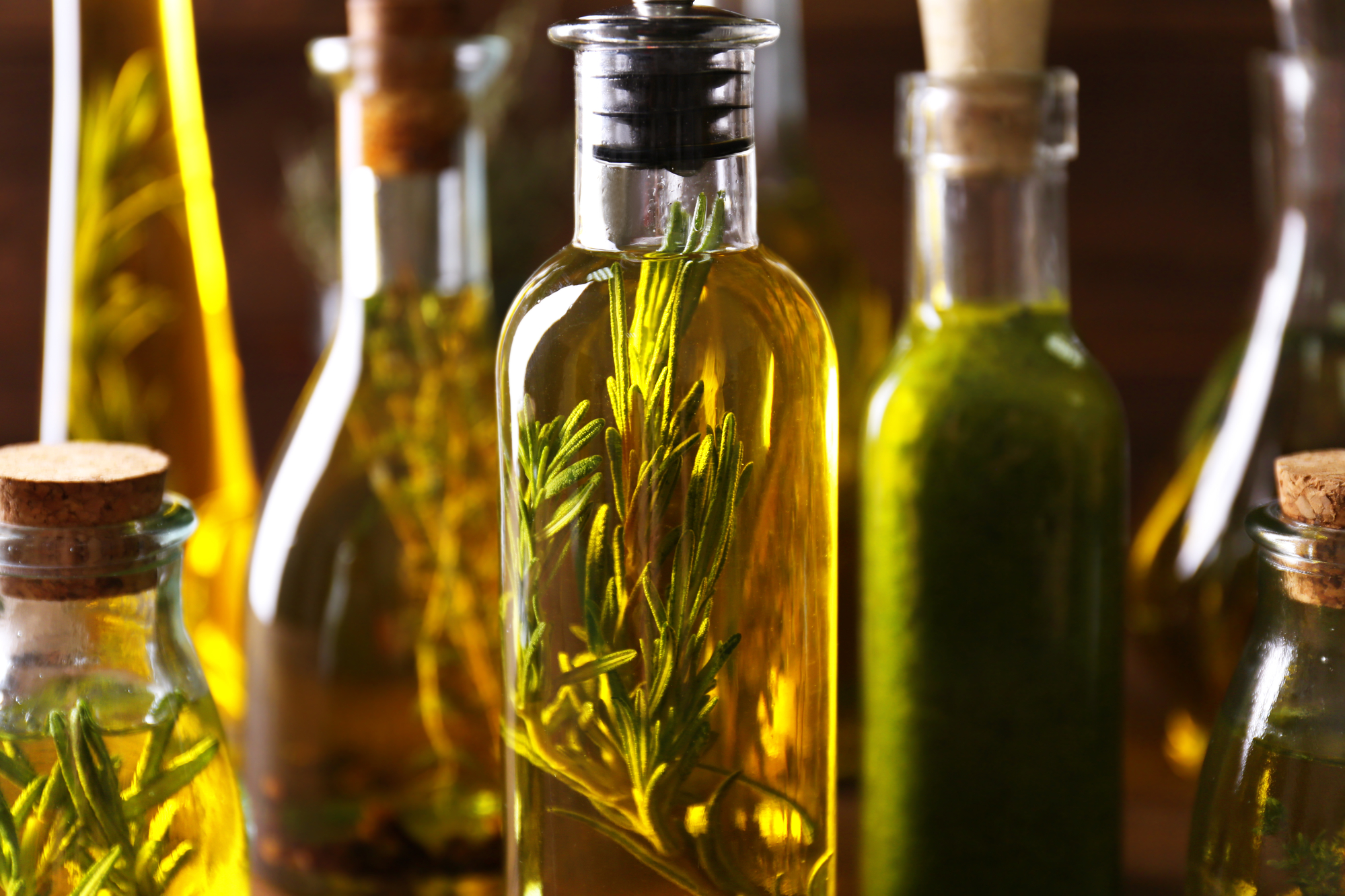 Composition of bottles with oil, closeup