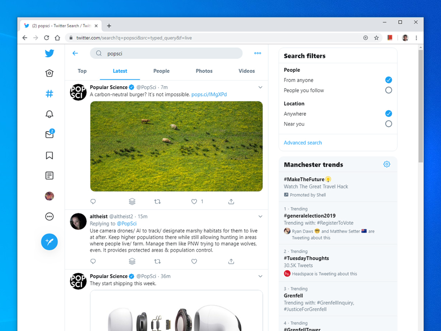 Twitter for desktop, with a saved search for PopSci.