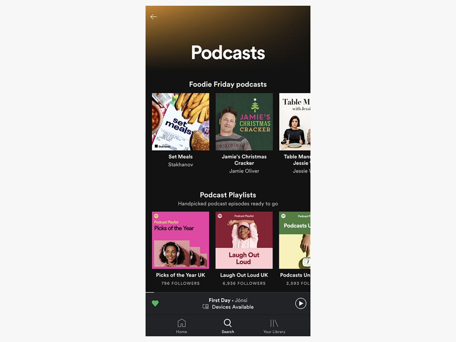 The Spotify app interface showing various podcasts.