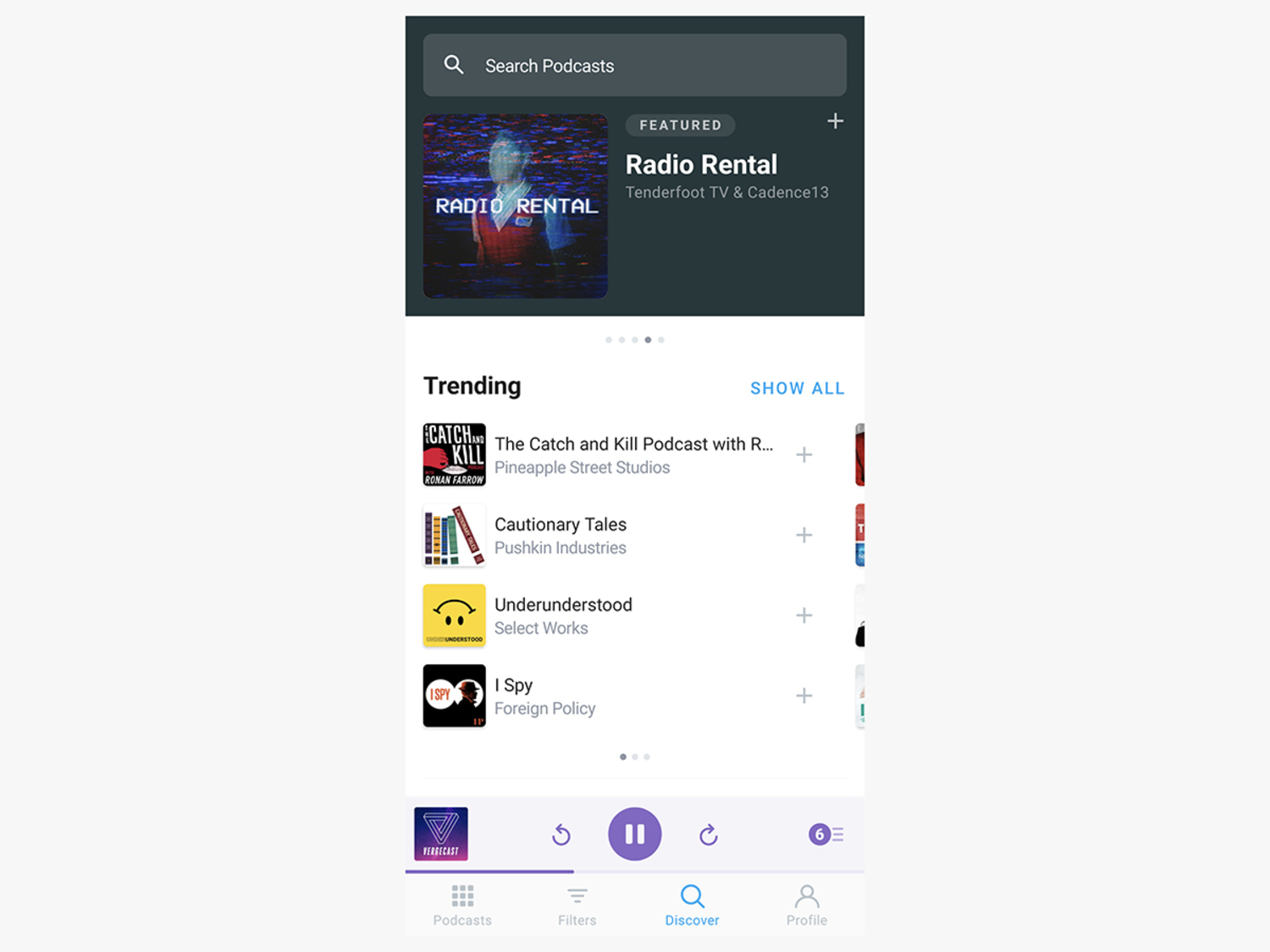 The Pocket Cast app on a phone, showing a list of trending podcasts.