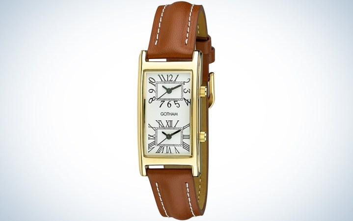 Gotham Unisex Gold-Tone Dual Time Zone Leather Strap Watch