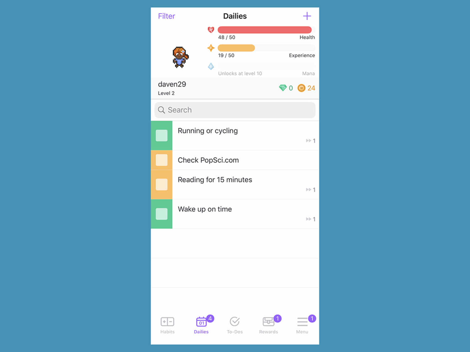 Screenshot of Habitica app