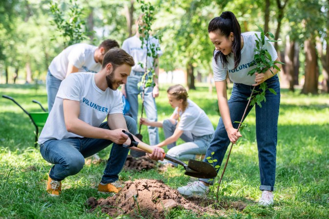 Volunteers working in a park.