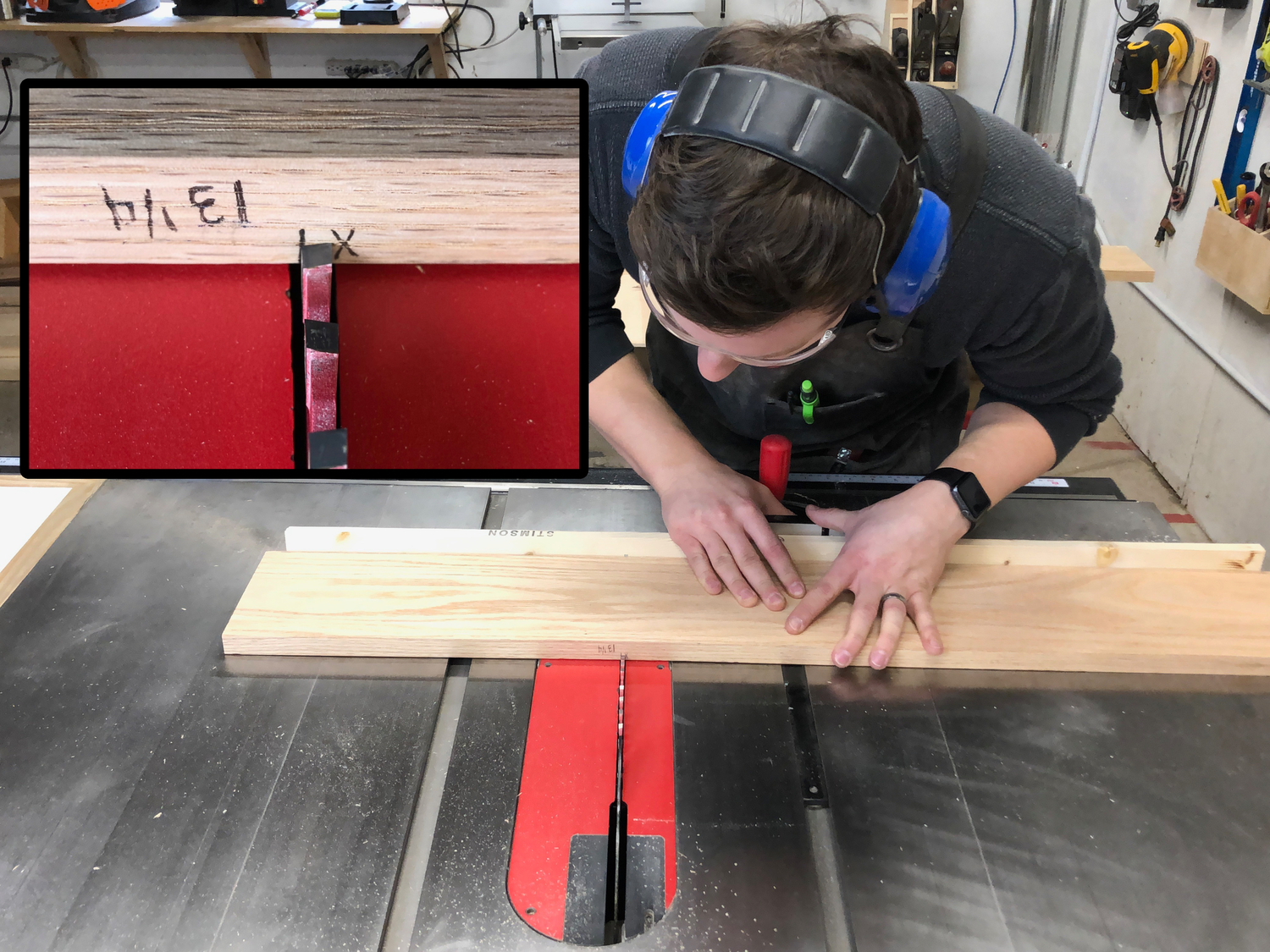 a person using a table saw to cut a piece of oak wood, with an inlaid image of markings on the wood showing which side is waste