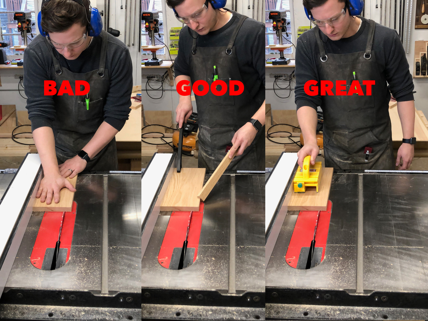 a depiction of the bad, good, and great ways to rip wood on a table saw with your hands, push sticks, and a push block