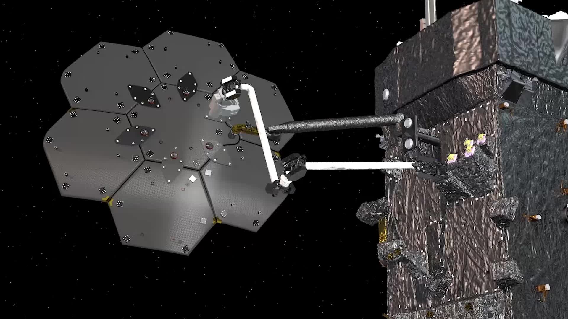 A robotic arm putting together an antenna in space