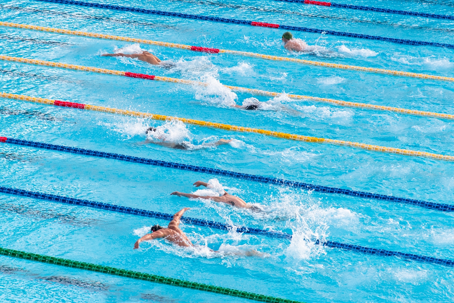 a clear swimming pool with lanes and people racing