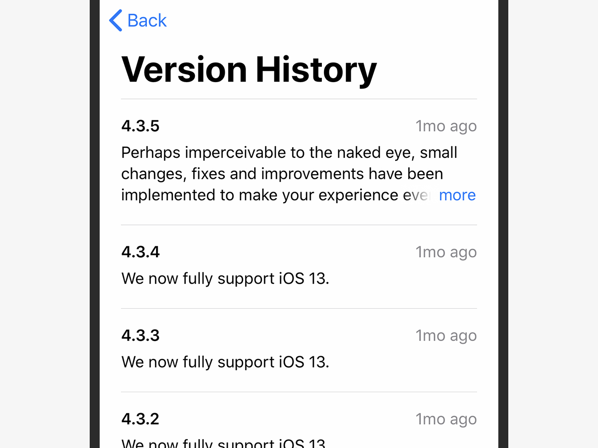 a screenshot of the version history of an app on iOS