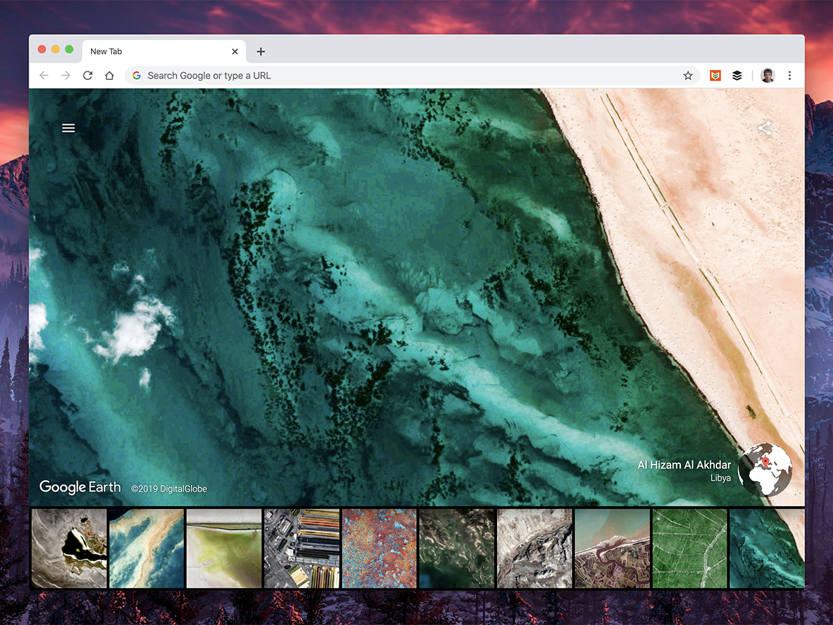 a screenshot of a new tab in Google Chrome showing an image of a place on Earth with the Earth View browser extension