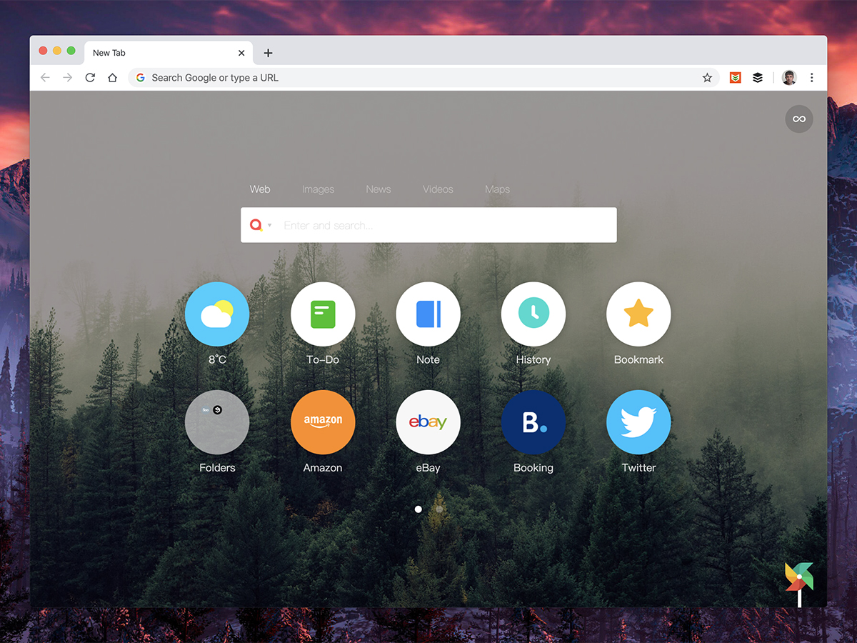 a screenshot of the new tab page browser extension Infinity New Tab Pro in Google Chrome