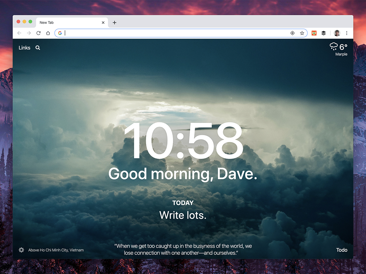 a screenshot of the new tab page browser extension Momentum in Google Chrome