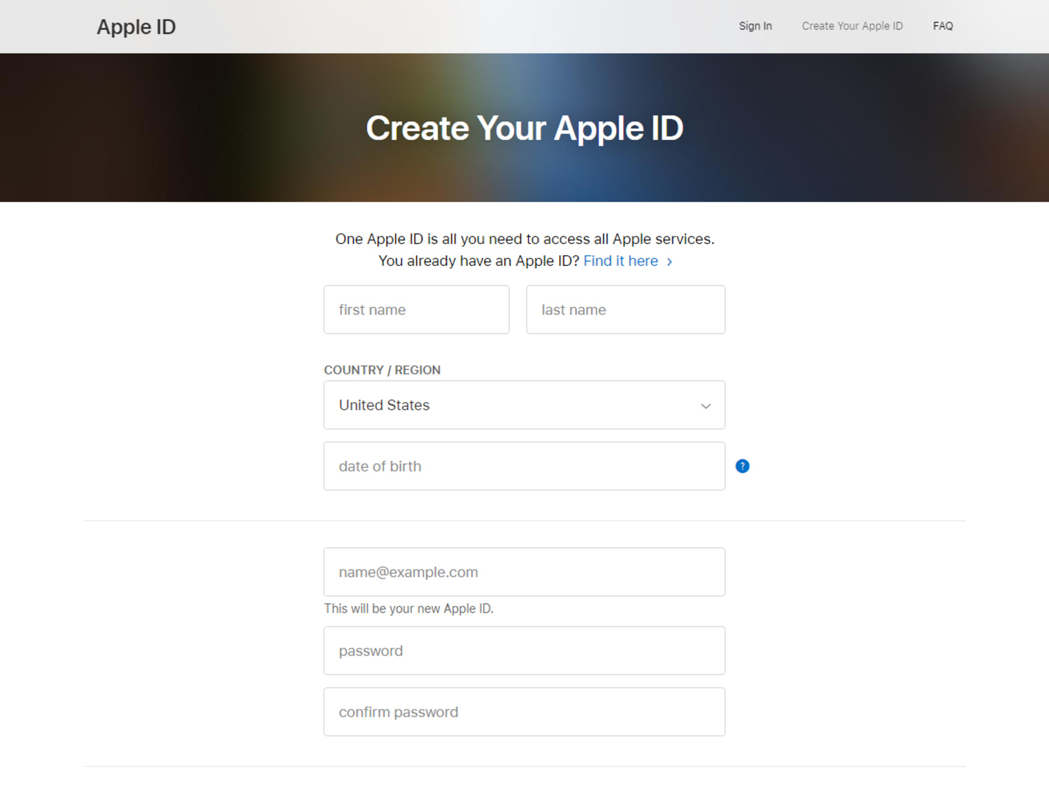 Screenshot of new Apple account