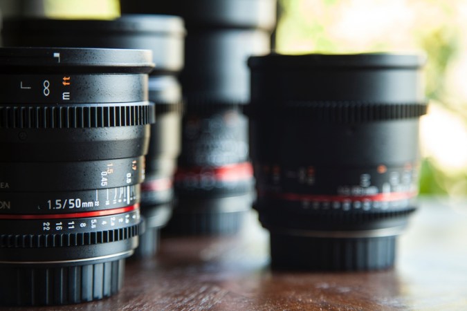 Camera lenses on table