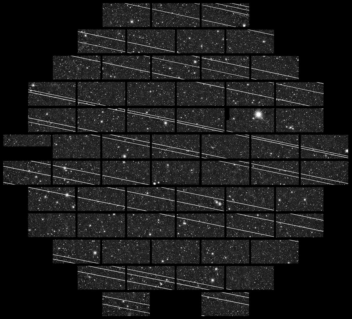 Starlink satellites streak across telescope images of the stars.