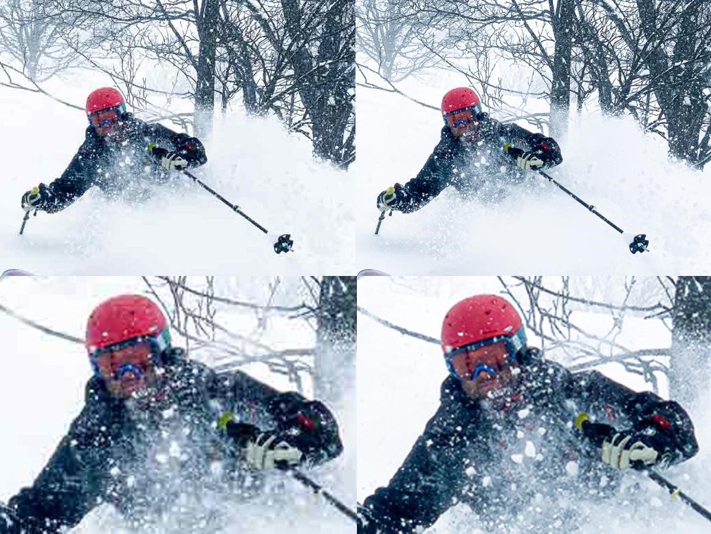 a comparison of photo compression on a photo of a skiier