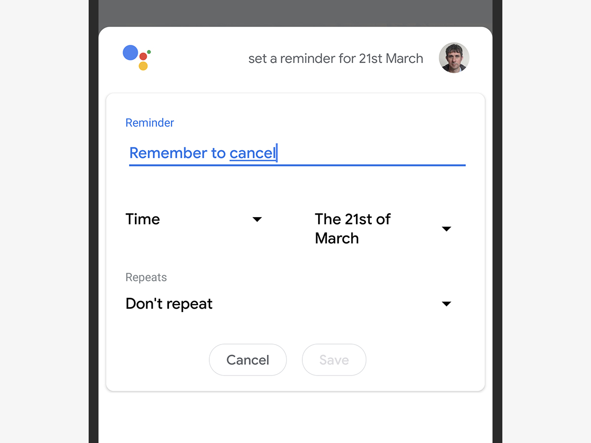 a screenshot of a Google Assistant reminder to cancel a free trial