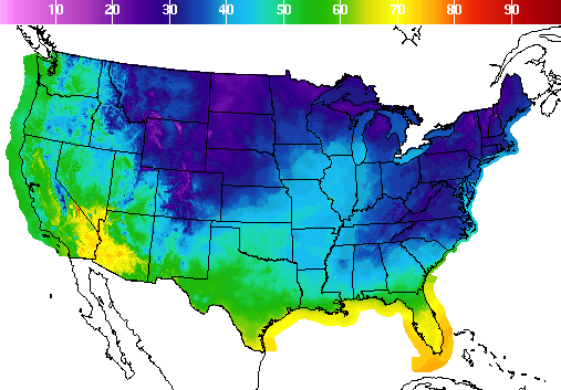 a map of temperatures across the US, showing very low temperatures in the northeast, mid-atlantic, and midwest