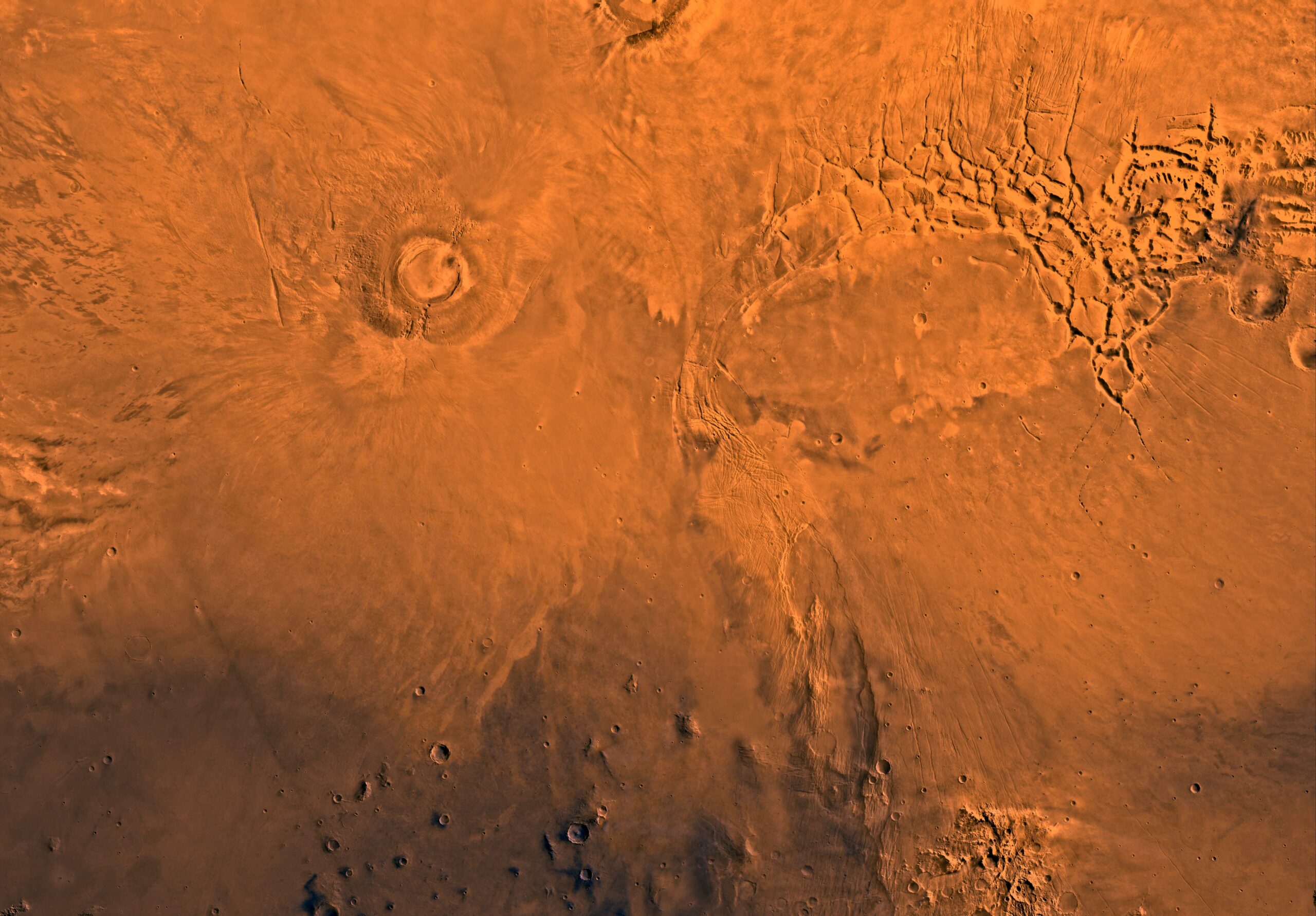 An aerial view of a Martian volcano.