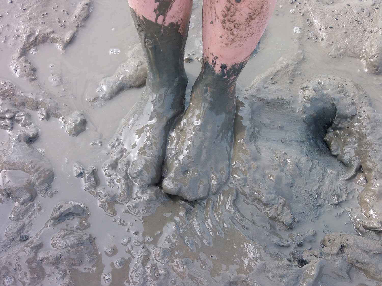 A pair of feet ankle deep in very wet mud.