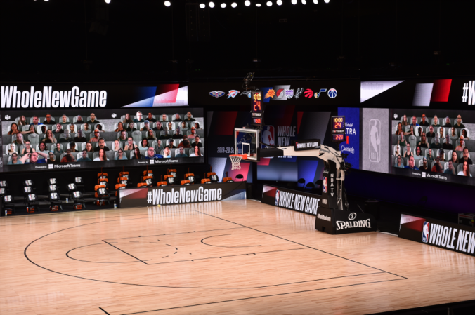 Fans in stands via Microsoft Teams at an NBA game