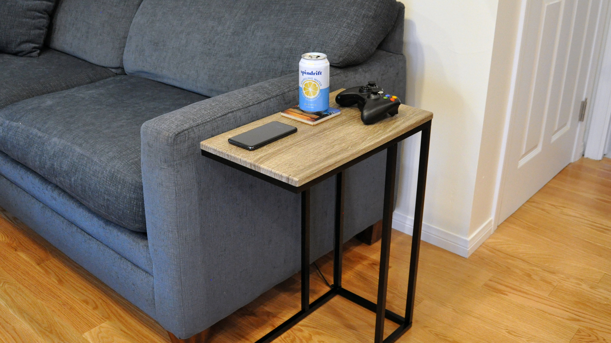 a finished end table with built-in wireless charging capabilities