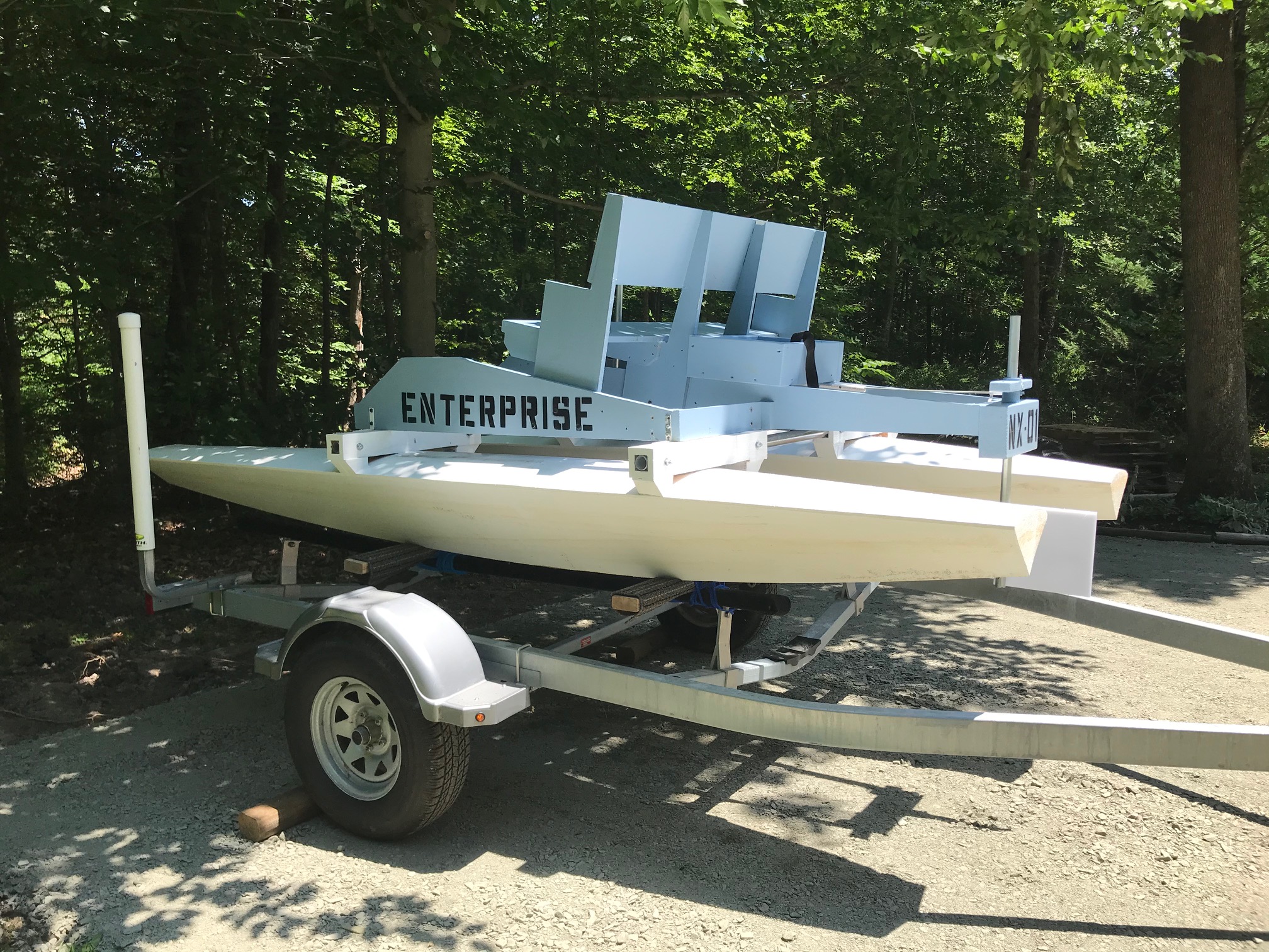 The finished boat hooked up to Riti's trailer