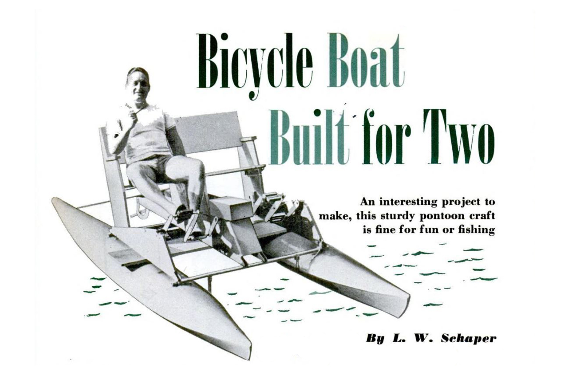 Page 1 of the August 1948 article "Bicycle Boat Build for Two"