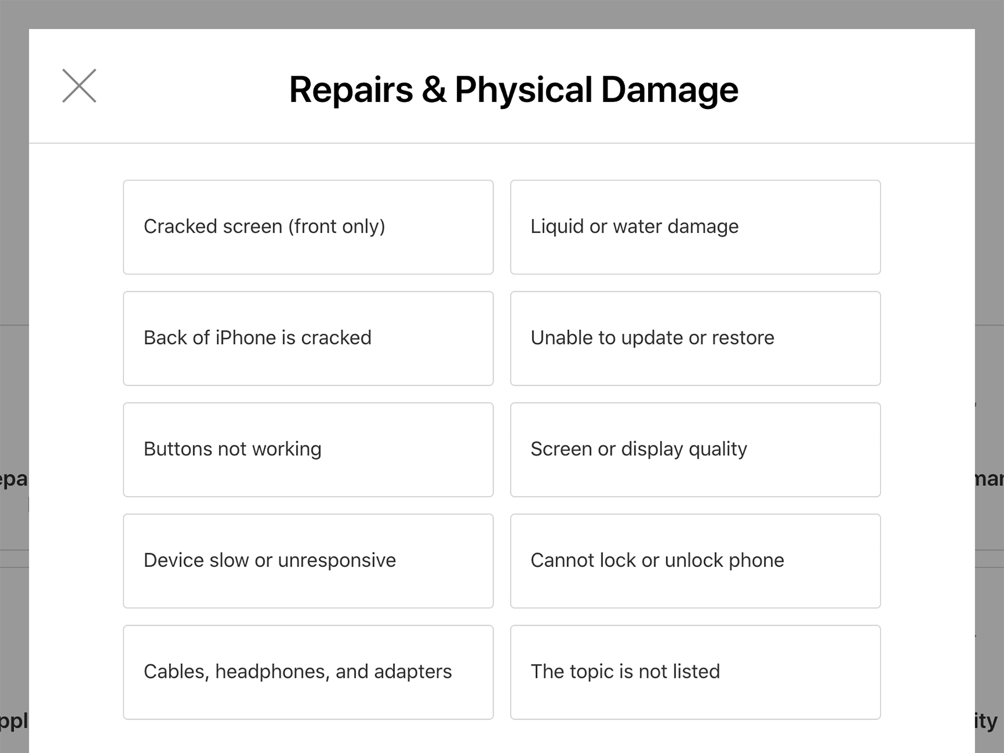 a screenshot of descriptions for repairs and physical damage on Apple devices