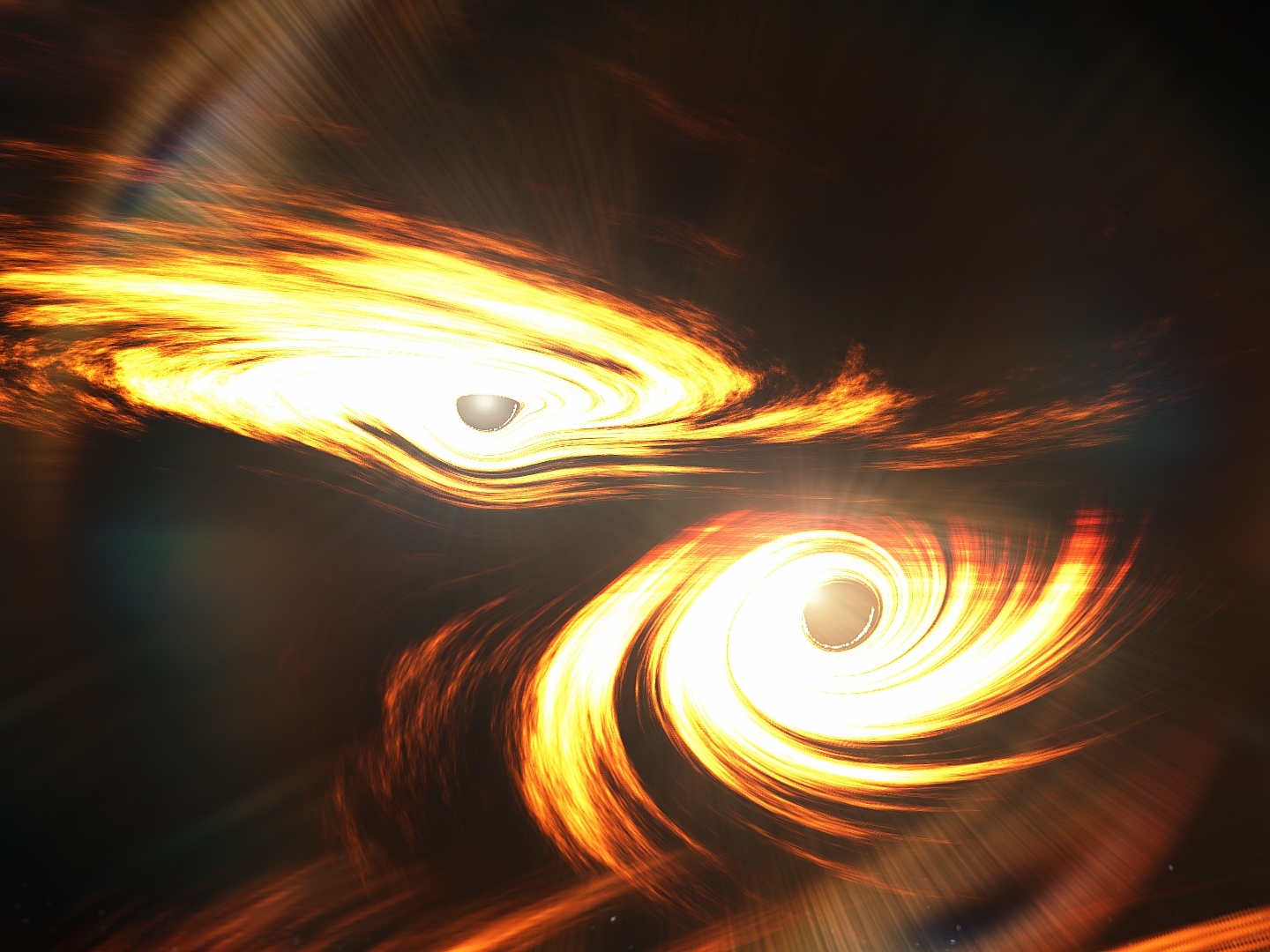 Artist’s impression of binary black holes about to collide.