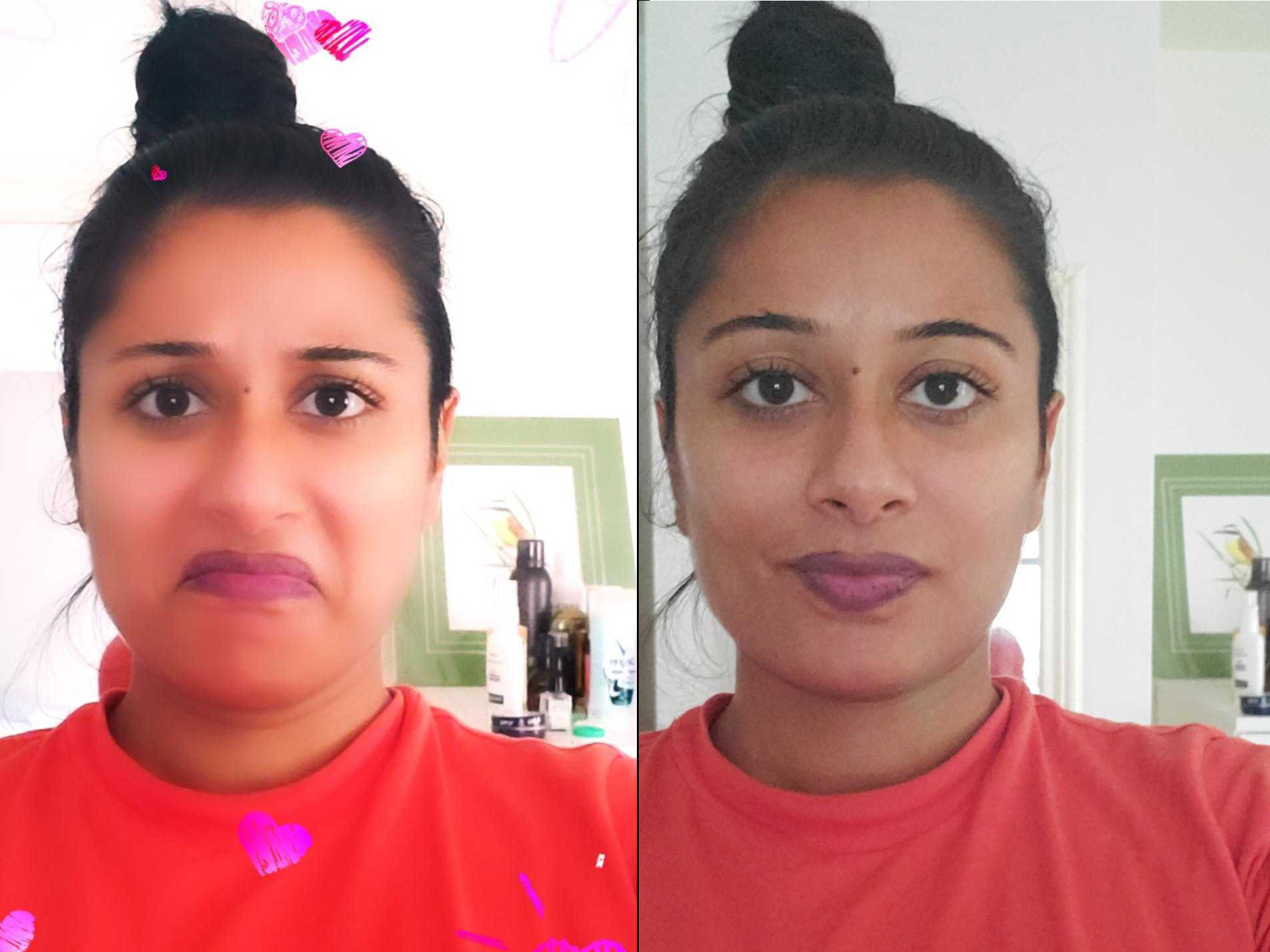 A PopSci editor experiments with the "doodle heart" filter on Instagram Stories. The result is many shades whiter than her mid-brown skin tone.