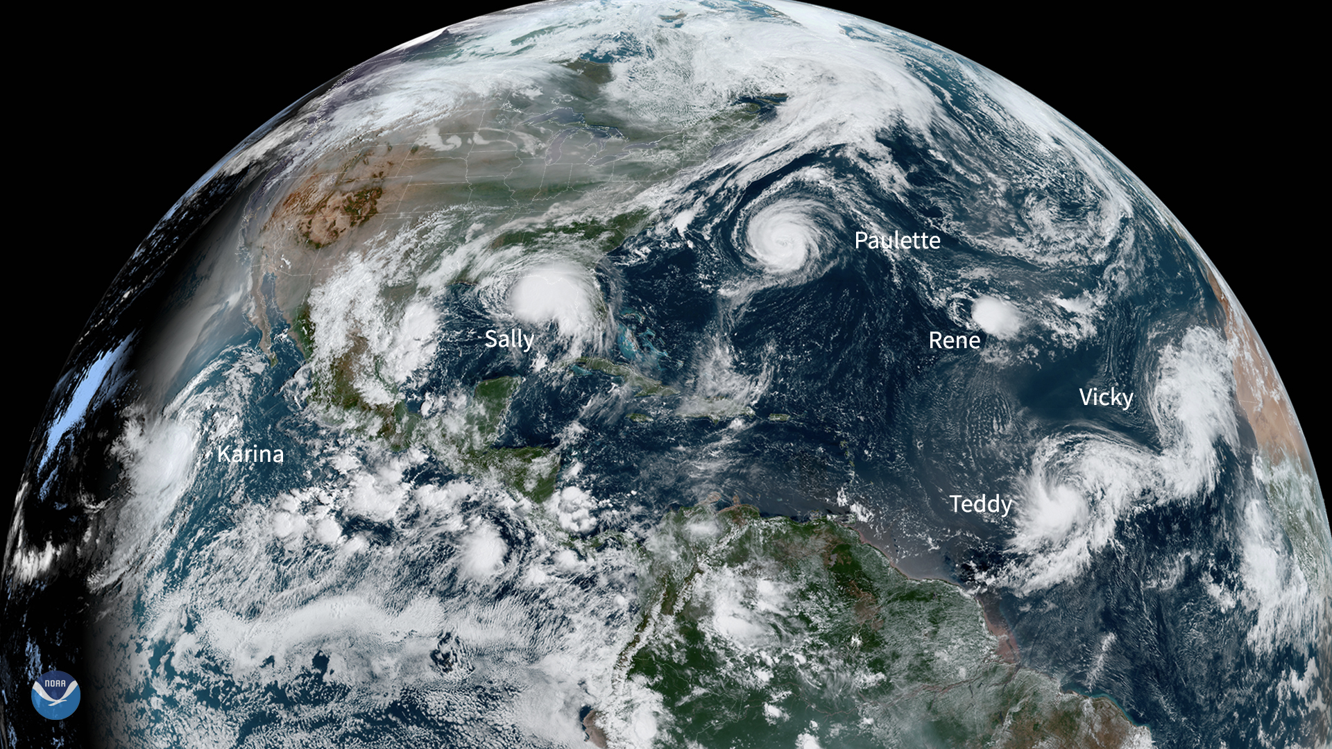 satellite image of five storm systems in Atlantic September 2020