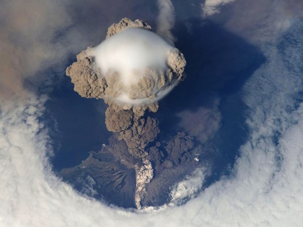 view from above an erupting volcano