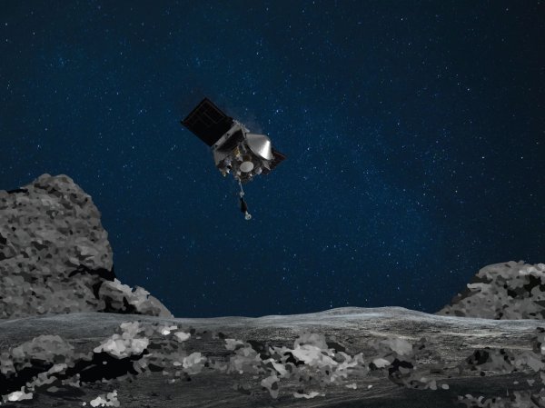 The spacecraft OSIRIS-REx in the sky over a rendering of the ground on asteroid Bennu