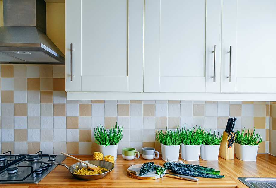 kitchen with food in a pan