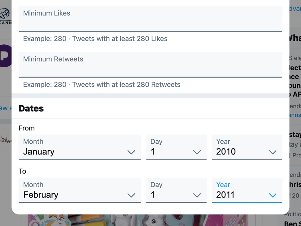 Twitter's advanced search function, showing a date range search from January 2010 to February 2011.