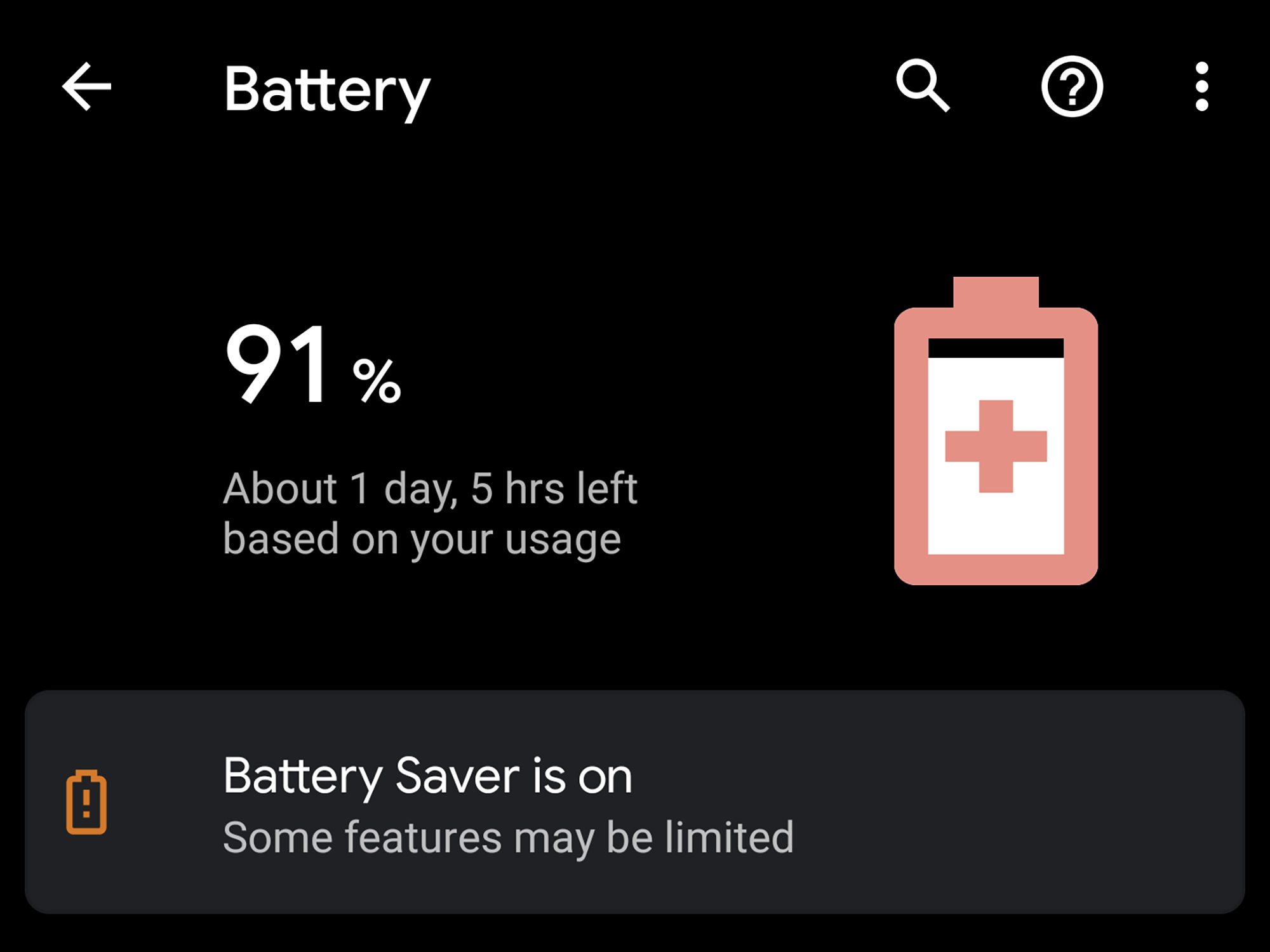 The battery level indicator in Android's Battery Saver low power mode