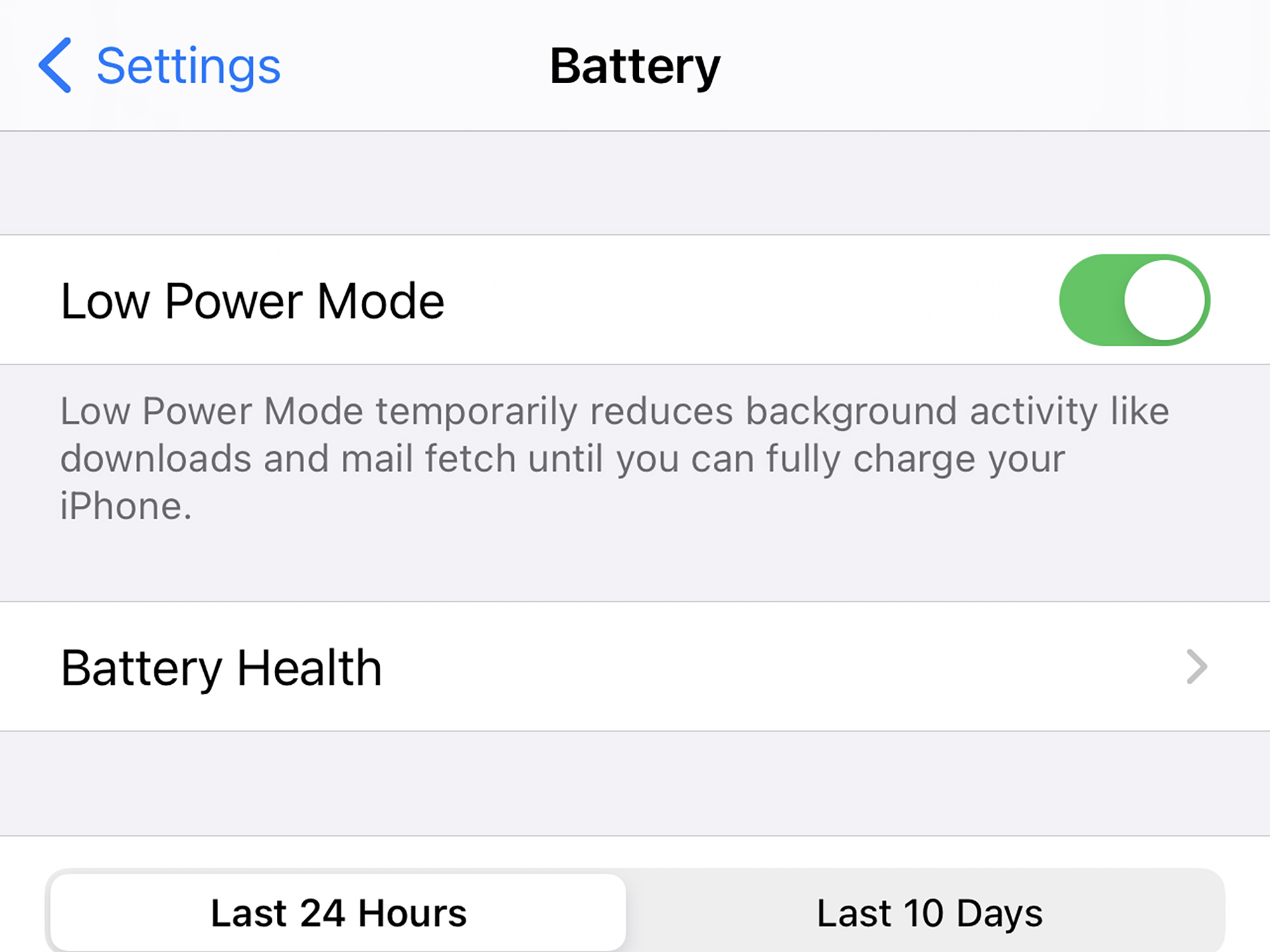 The Low Power Mode toggle switch in iOS on an iPhone.