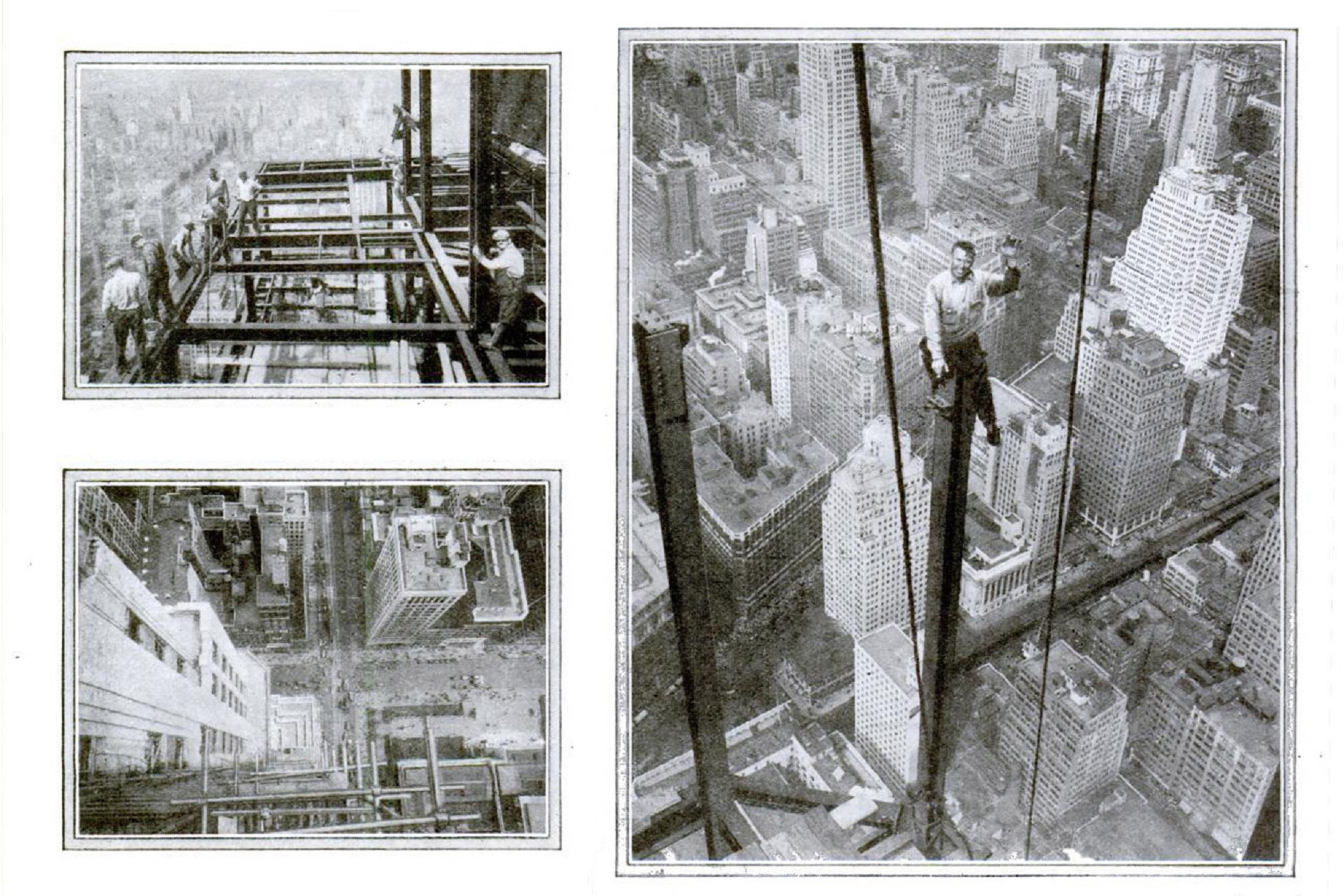 Black and white photos of workers at the Empire State Building site, who defied death by vaulting one-fifth of a mile up on ropes and girders