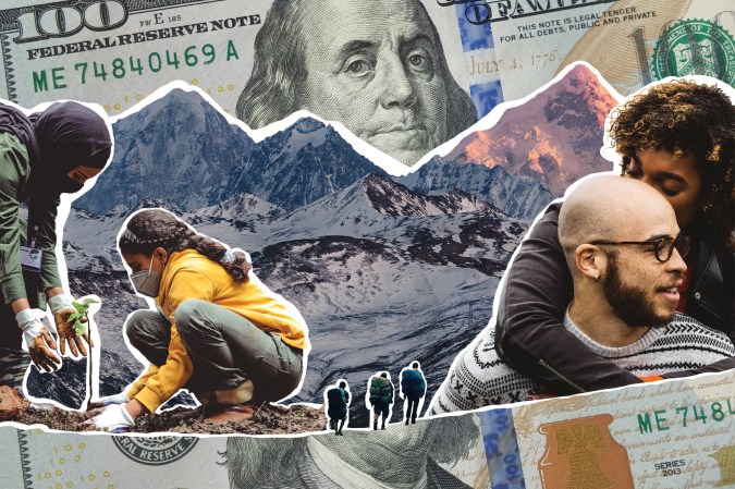 collage image showing people hugging and planting trees, with a 100 dollar bill surrounding them