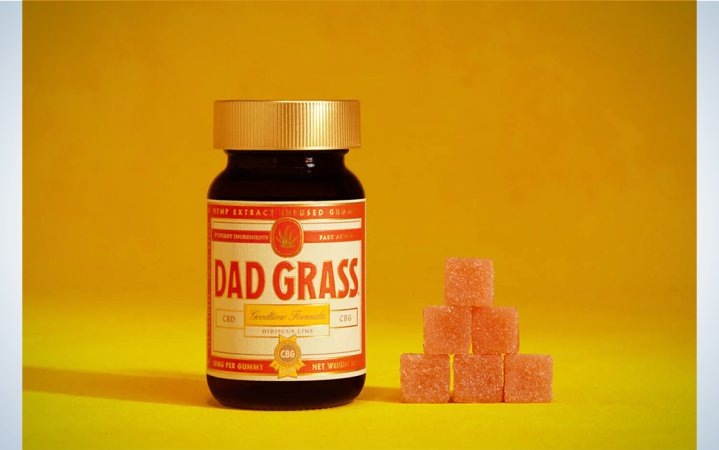  A bottle of Dad Grass Goodtime Formula on a blue and white background