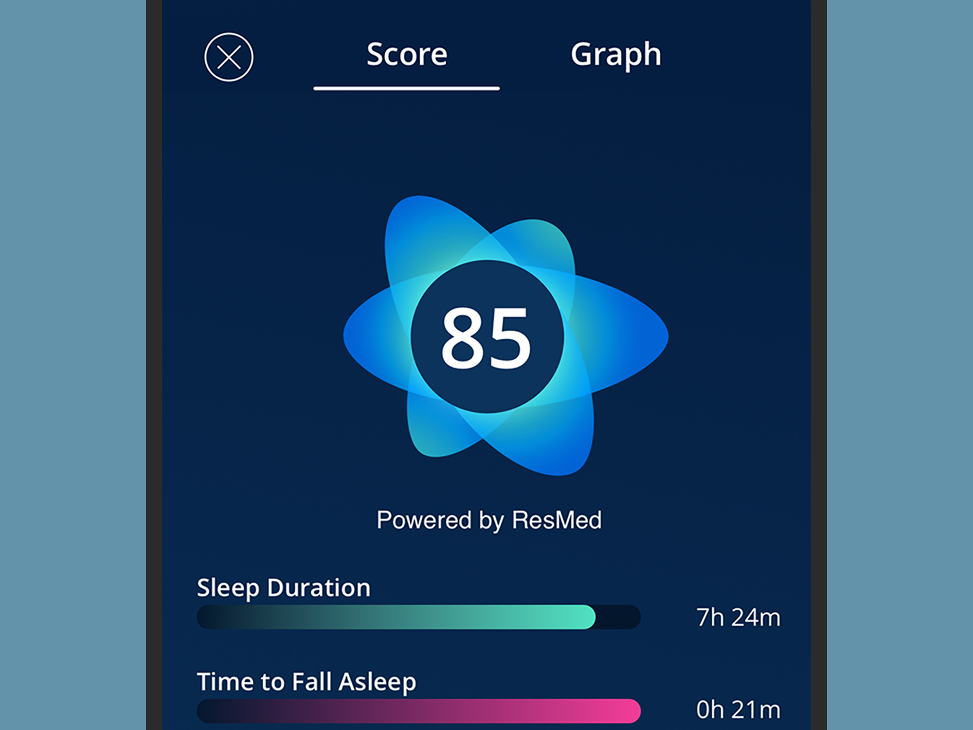 The SleepScore sleep-tracking app for phone, showing sleep duration and other sleep metrics.