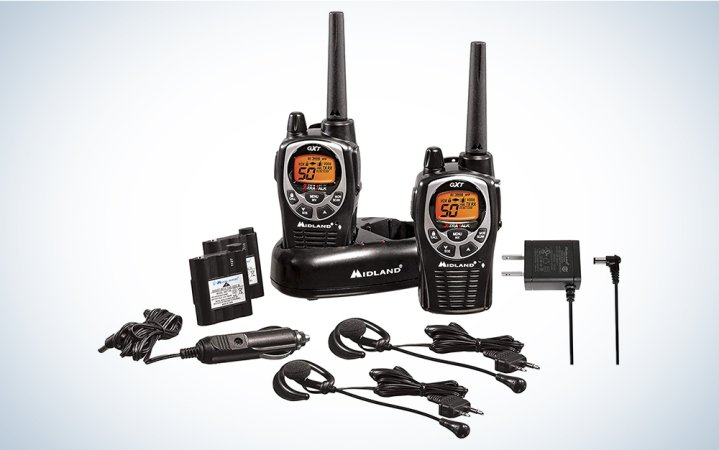  Midland 50 Channel Waterproof GMRS Two-Way Radio - Long Range Walkie Talkie with 142 Privacy Codes, SOS Siren, and NOAA Weather Alerts and Weather Scan (Black/Silver, Pair Pack)