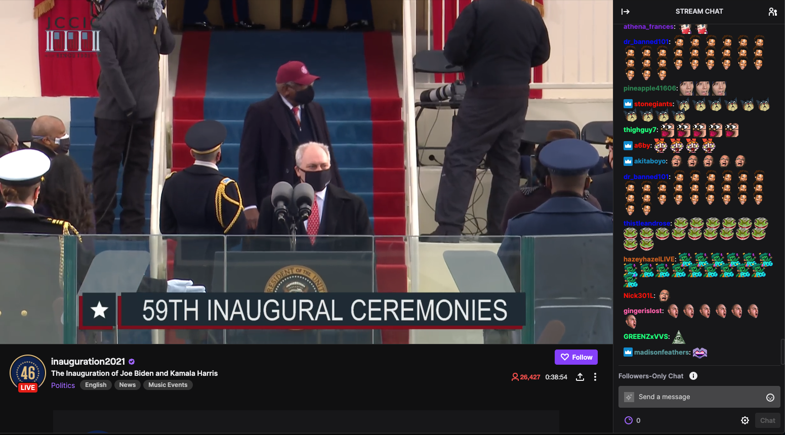 Live inauguration coverage on Twitch with emojis in the chat.