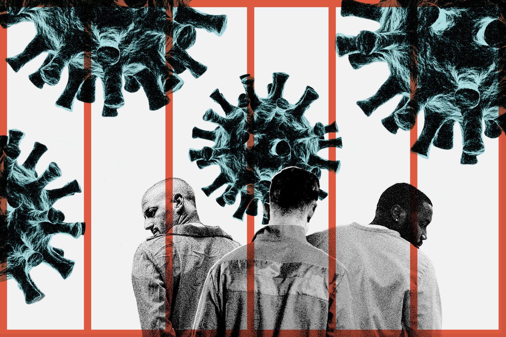 Three people in prison jumpsuits behind orange bars and the SARS-CoV-2 virus illustrations superimposed in four spots