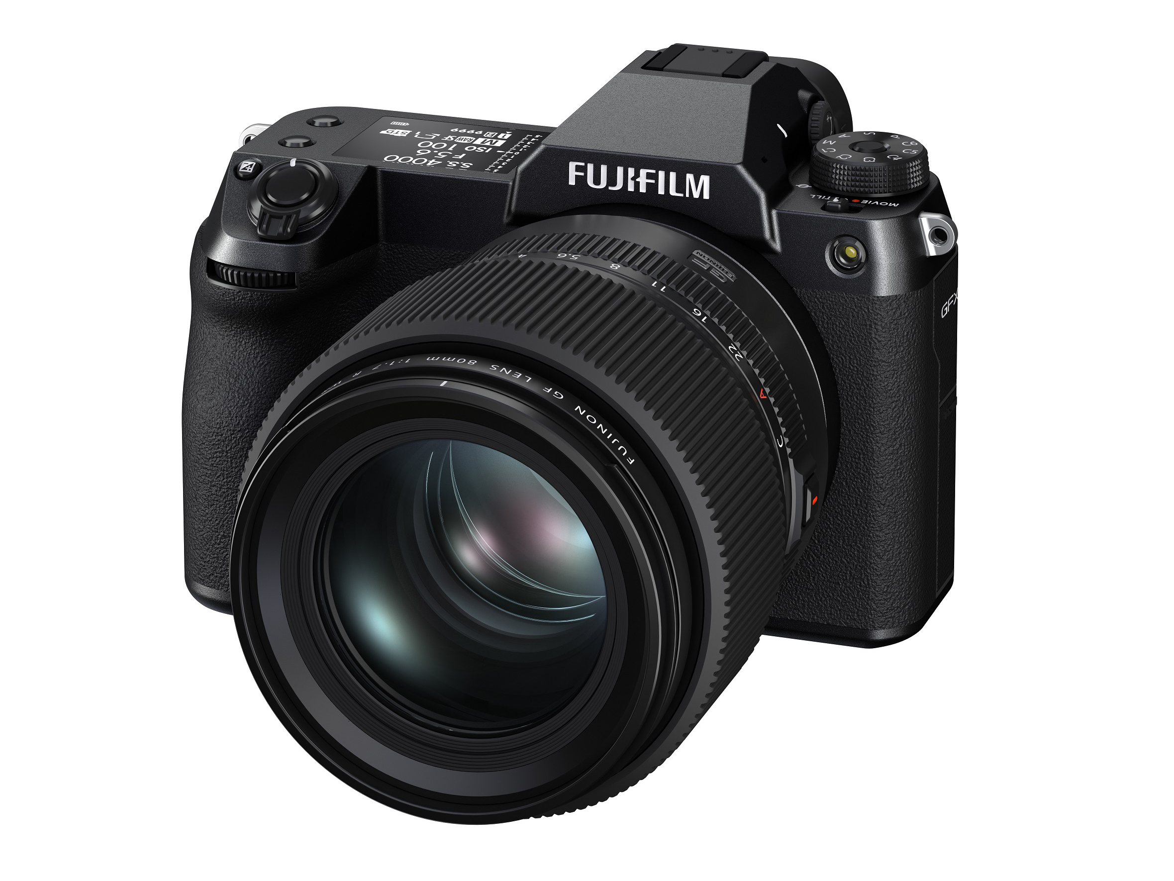 A front view of the Fujifilm GFX 100S camera with the new short portrait lens.