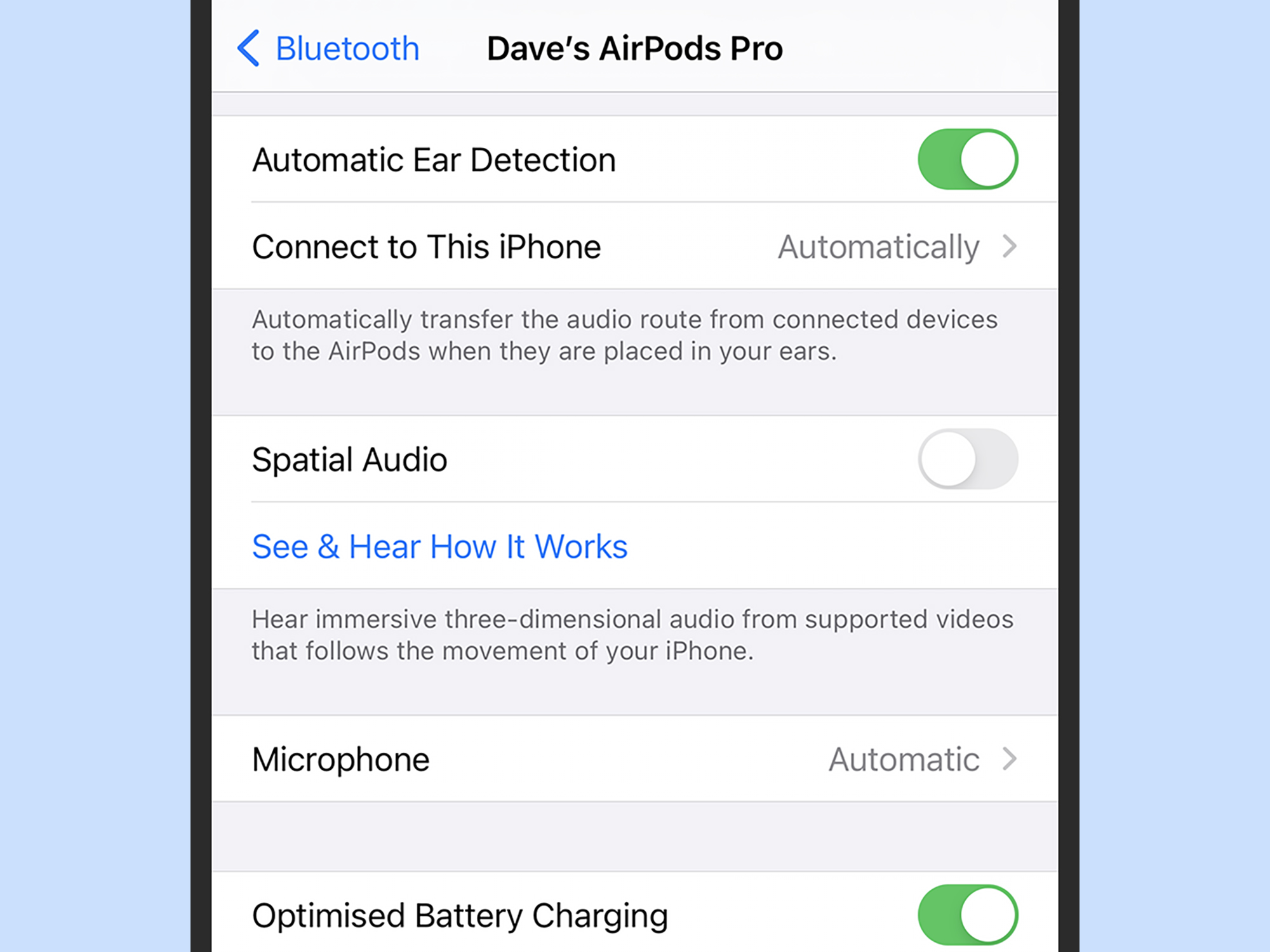 The settings for spatial audio in iOS.