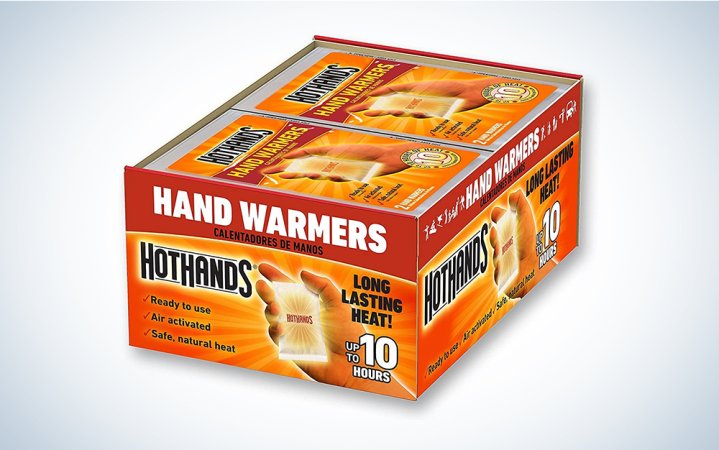  An orange box of HotHands Warmers on a plain background