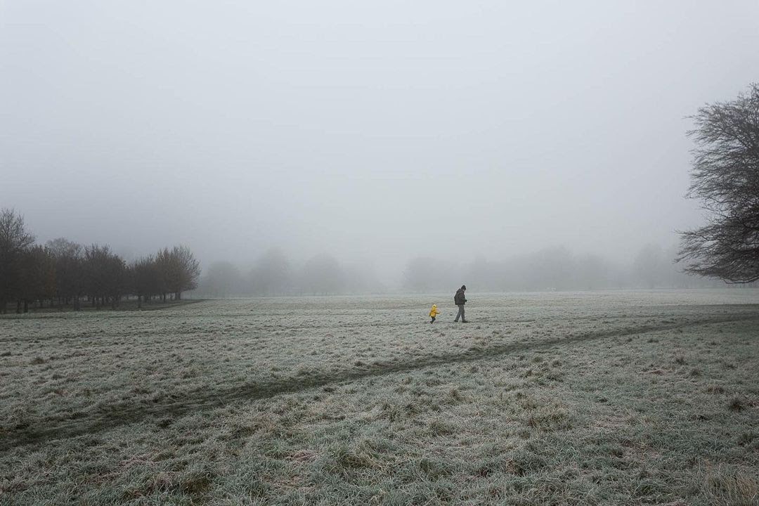 An adult in a brown coat walking across a foggy field, followed by a child in a yellow coat.